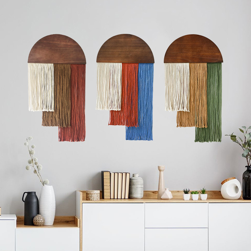 Wall Scroll Tapestry - Semi-circular Wooden Tassel Tapestry Three-color Stepped